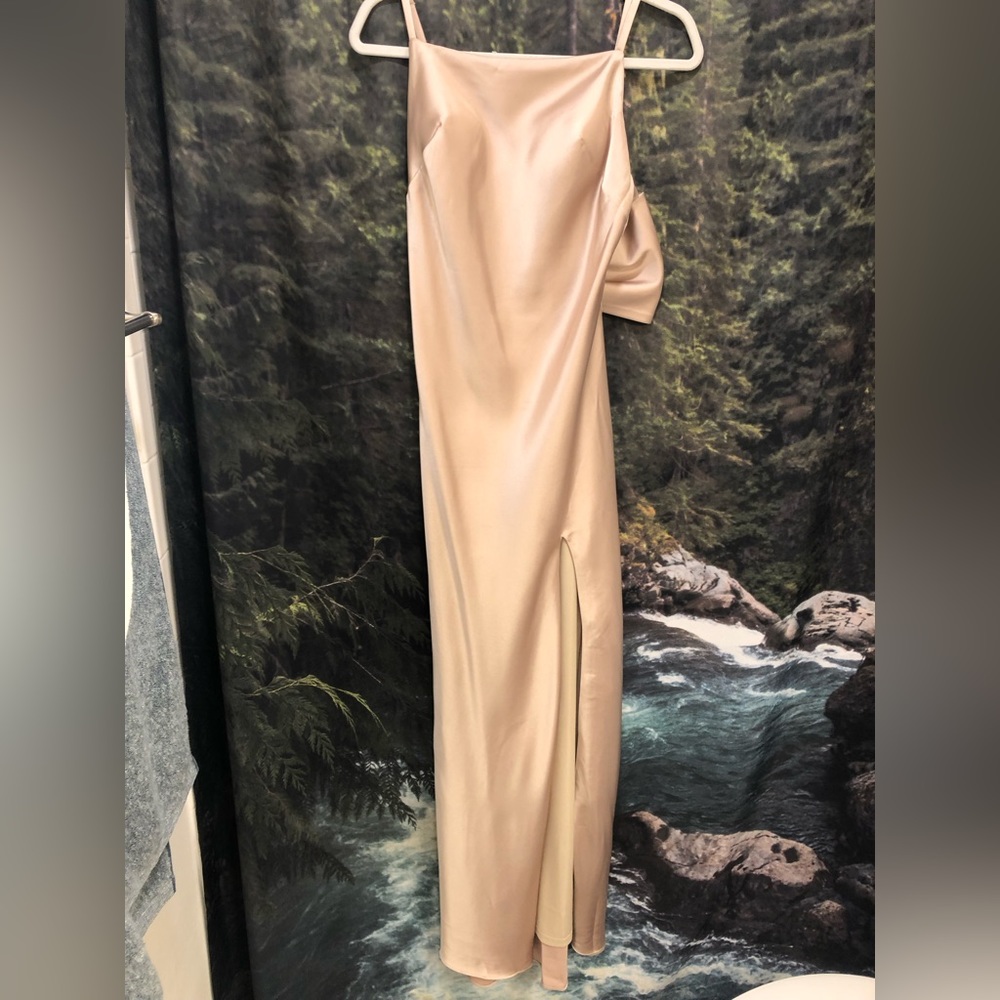 Revelry Champagne Gold Satin Maxi Dress with Side slit, open back with bow!